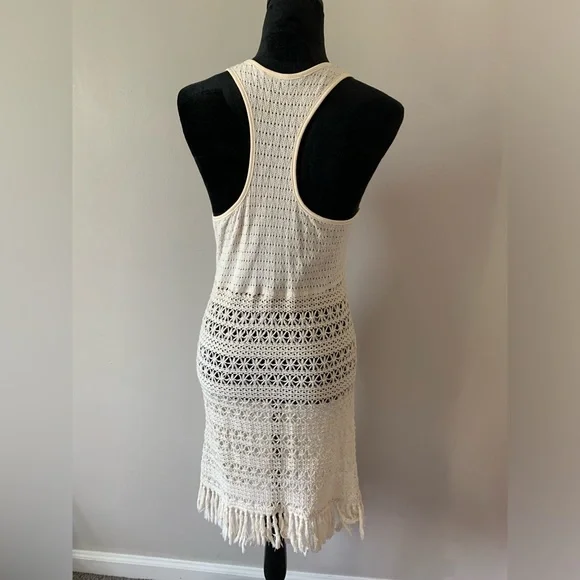 Solitaire Swim Crochet Fringed Cream Cotton Swim Coverup - Picture 3 of 14